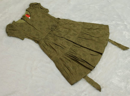 Olive Green Floral Printed Girls Frock with Waist Flower Detail