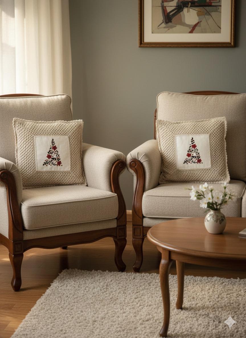 Christmas Embroidered Cushion Cover Set (16x16 Inch) – Handcrafted Crochet Border | Set of 2