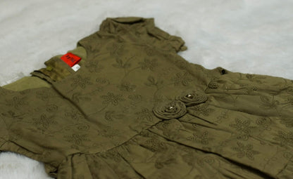 Olive Green Floral Printed Girls Frock with Waist Flower Detail