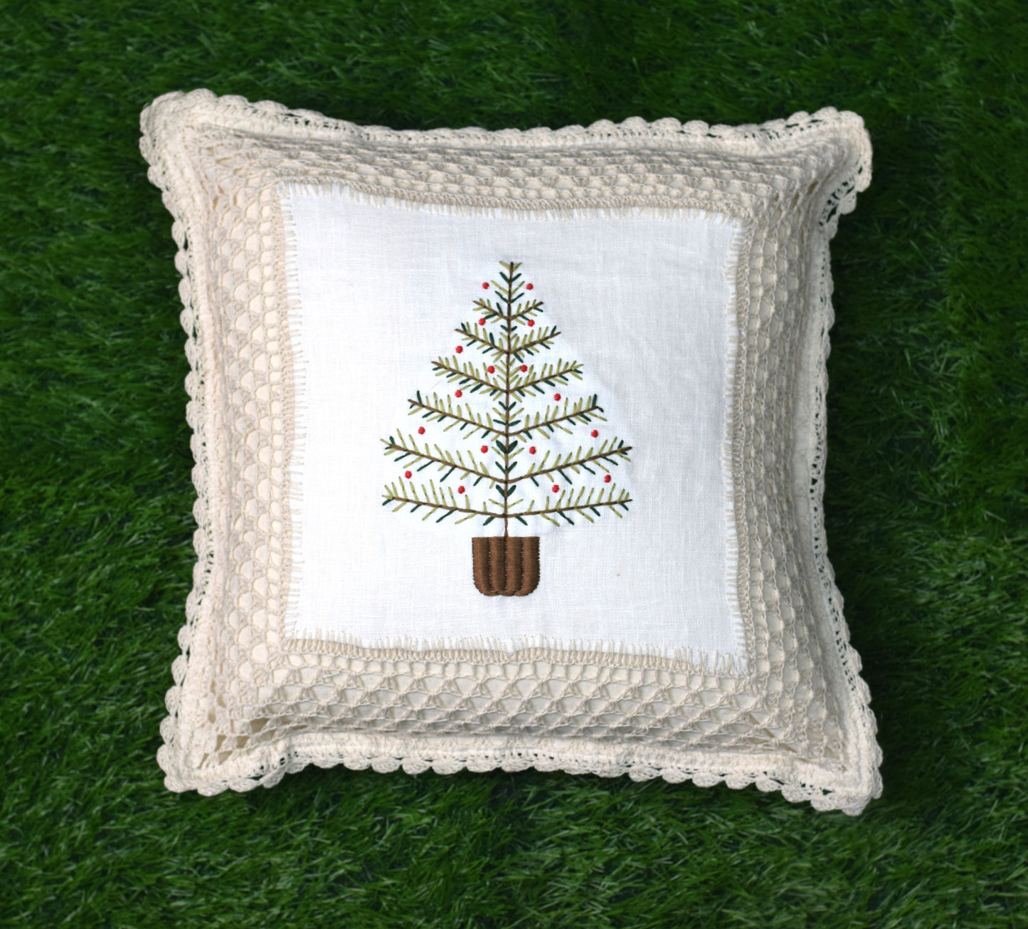 Christmas Tree Embroidered Cushion Cover Set (16x16 Inches) – Handcrafted Lace Border | Set of 2