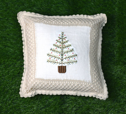 Christmas Tree Embroidered Cushion Cover Set (16x16 Inches) – Handcrafted Lace Border | Set of 2