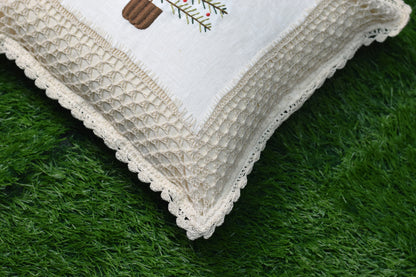 Christmas Tree Embroidered Cushion Cover Set (16x16 Inches) – Handcrafted Lace Border | Set of 2