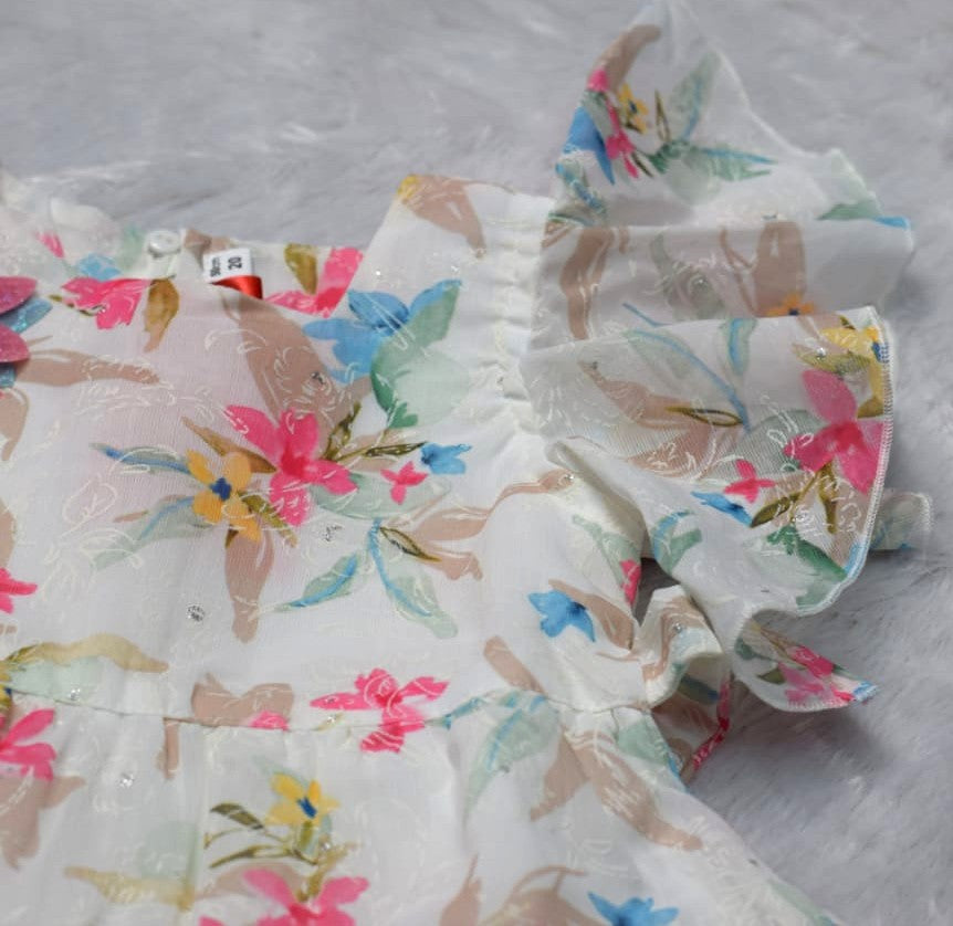 Girls Floral Ruffle Party Frock with Butterfly Sleeves