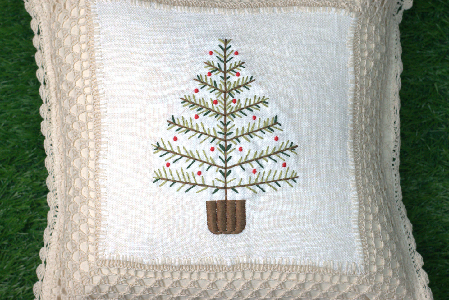 Christmas Tree Embroidered Cushion Cover Set (16x16 Inches) – Handcrafted Lace Border | Set of 2