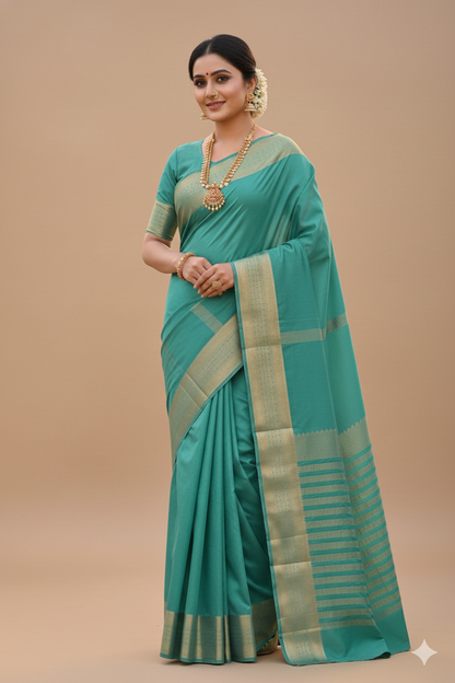 Teal Green Viscose Georgette Saree with Gold Zari Border &Attached Blouse Piece