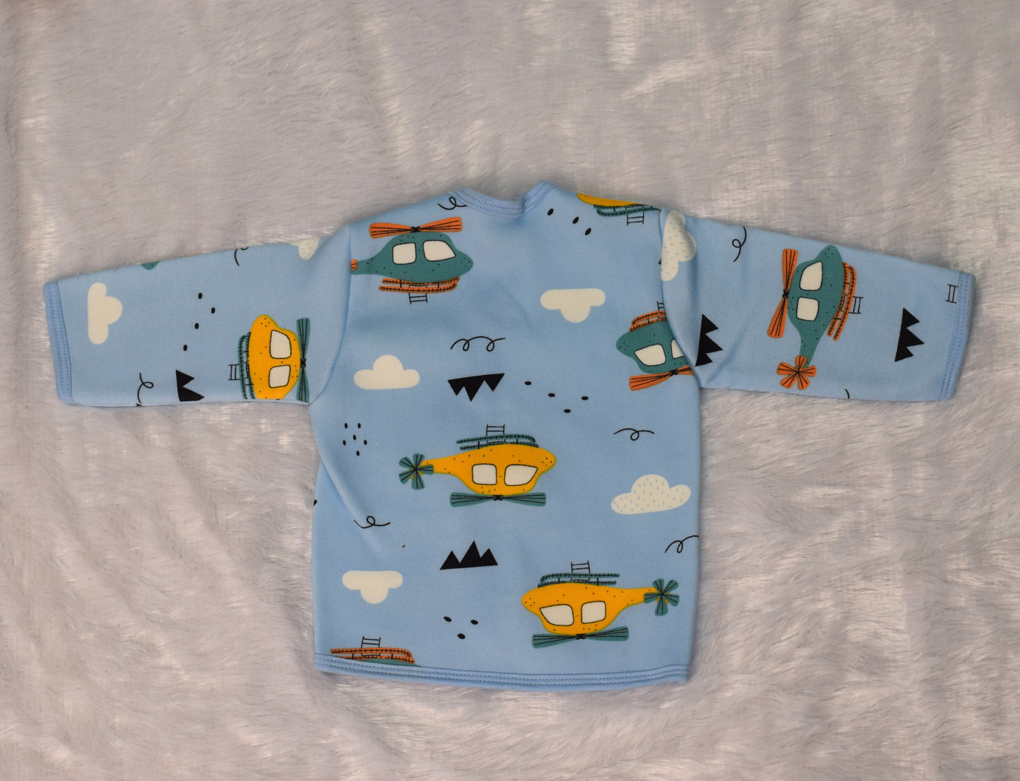 Soft Fleece Baby Jabla for Newborns (3–6 Months) – Sky Blue Helicopter Print