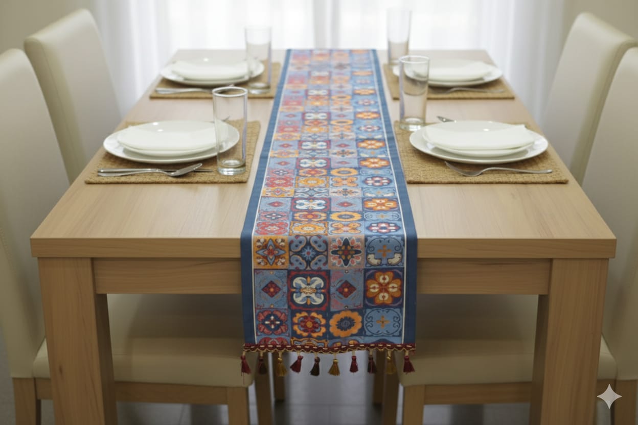 Bohemian Embroidered Table Runner – 160 cm x 35 cm | Multicolor Tassel Decor Runner