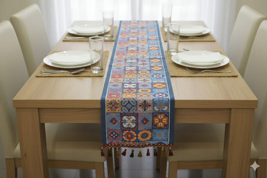 Bohemian Embroidered Table Runner – 160 cm x 35 cm | Multicolor Tassel Decor Runner