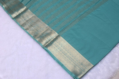 Teal Green Viscose Georgette Saree with Gold Zari Border &Attached Blouse Piece