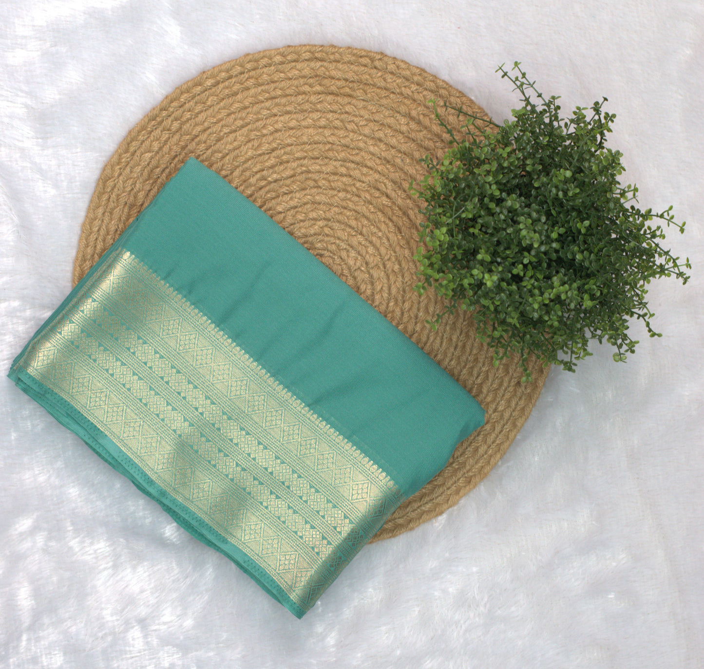 Teal Green Viscose Georgette Saree with Gold Zari Border &Attached Blouse Piece