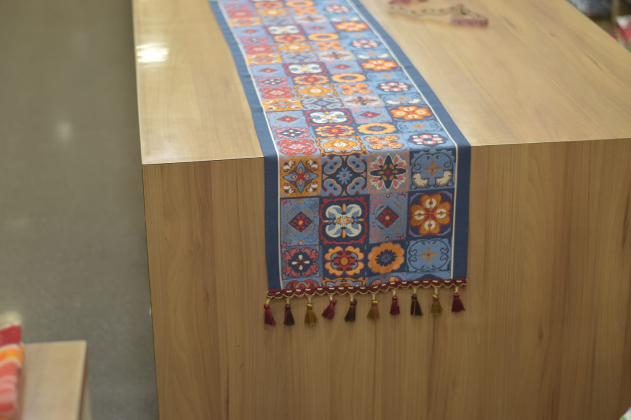 Bohemian Embroidered Table Runner – 160 cm x 35 cm | Multicolor Tassel Decor Runner