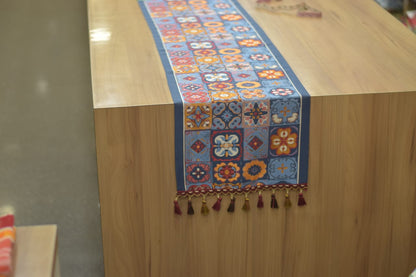 Bohemian Embroidered Table Runner – 160 cm x 35 cm | Multicolor Tassel Decor Runner