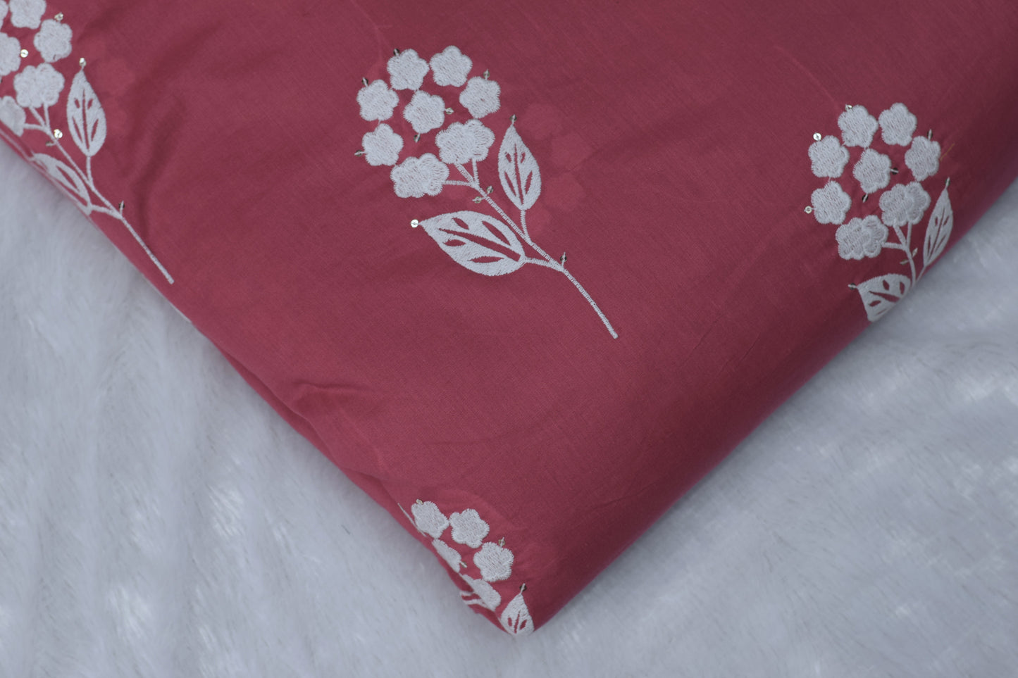 Premium Chanderi Fabric with White Floral Embroidery – 3 Meter | 44 Inch Width