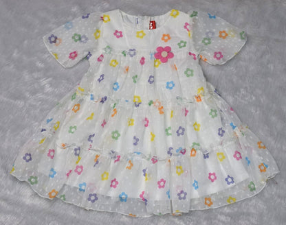 Kids White Floral Net Party Frock with Ruffle Layers