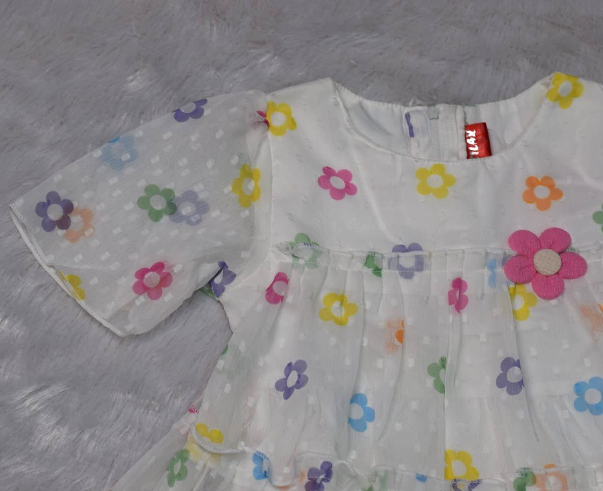 Kids White Floral Net Party Frock with Ruffle Layers