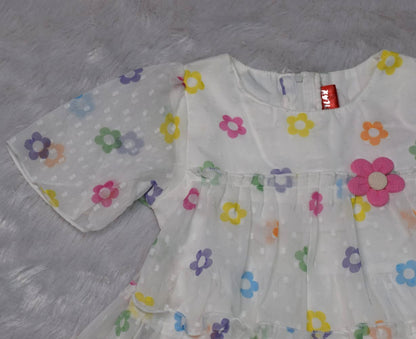 Kids White Floral Net Party Frock with Ruffle Layers