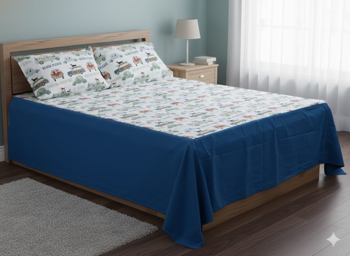 Kids Adventure Print King Size Bed Spread – Soft Cotton Feel, Blue Border Design