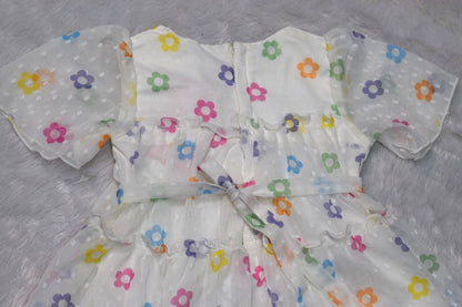 Kids White Floral Net Party Frock with Ruffle Layers