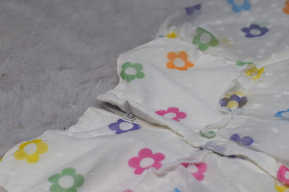 Kids White Floral Net Party Frock with Ruffle Layers