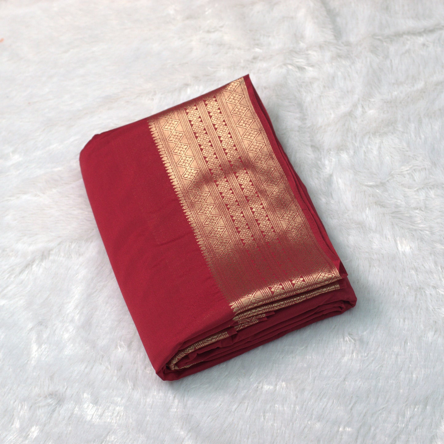 Maroon Viscose Georgette Saree with Gold Zari Border & Attached Blouse Piece