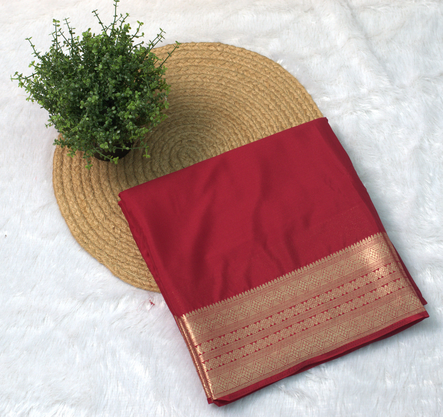 Maroon Viscose Georgette Saree with Gold Zari Border & Attached Blouse Piece
