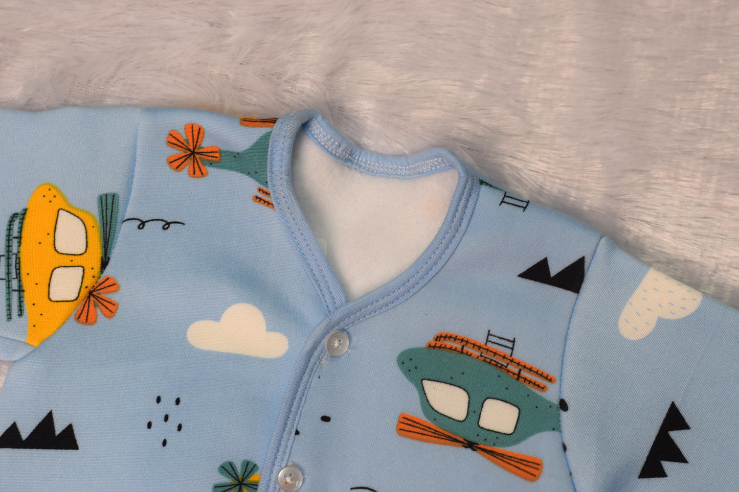 Soft Fleece Baby Jabla for Newborns (3–6 Months) – Sky Blue Helicopter Print
