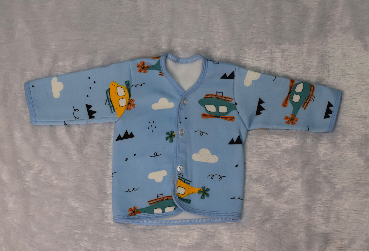 Soft Fleece Baby Jabla for Newborns (3–6 Months) – Sky Blue Helicopter Print