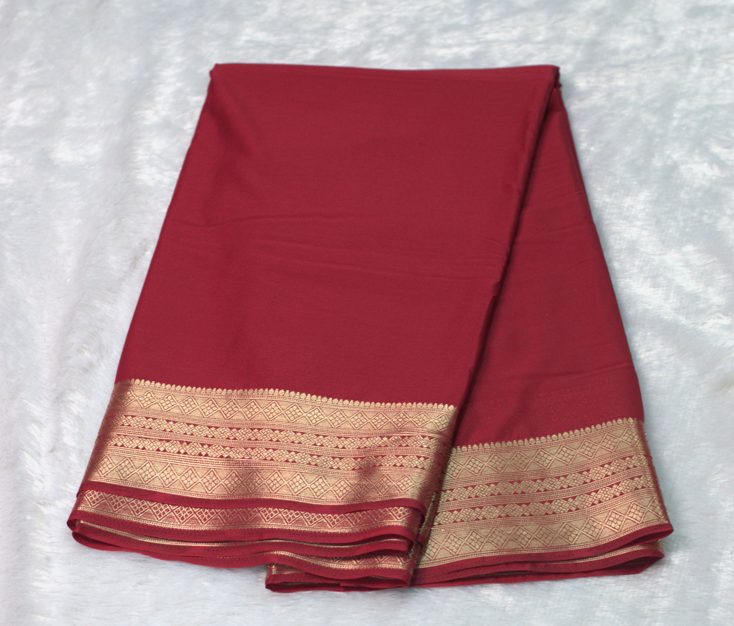 Maroon Viscose Georgette Saree with Gold Zari Border & Attached Blouse Piece