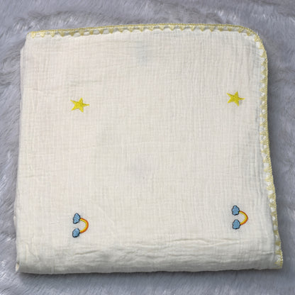 Soft Muslin Baby Swaddle Cloth with Embroidered Stars & Rainbow – 1 m x 1.15 m