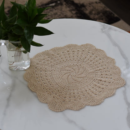 Title: Handmade Beige Crochet Doily – Elegant Round Table Decor