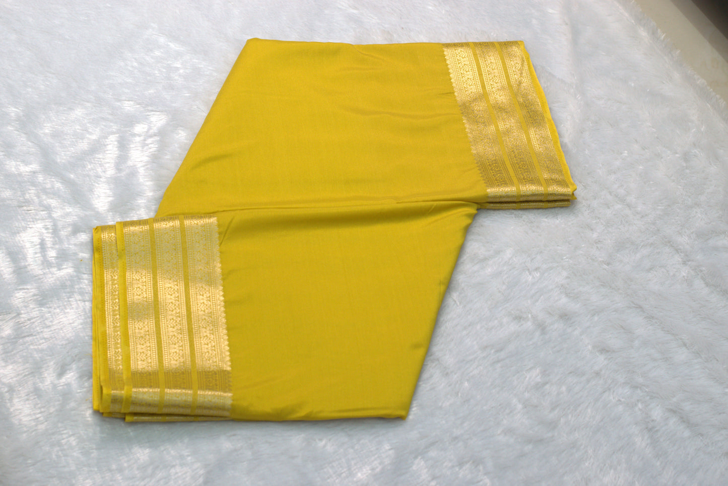 Mustard Yellow Viscose Georgette Saree with Gold Woven Border & Blouse Piece
