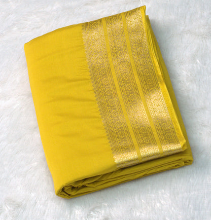 Mustard Yellow Viscose Georgette Saree with Gold Woven Border & Blouse Piece