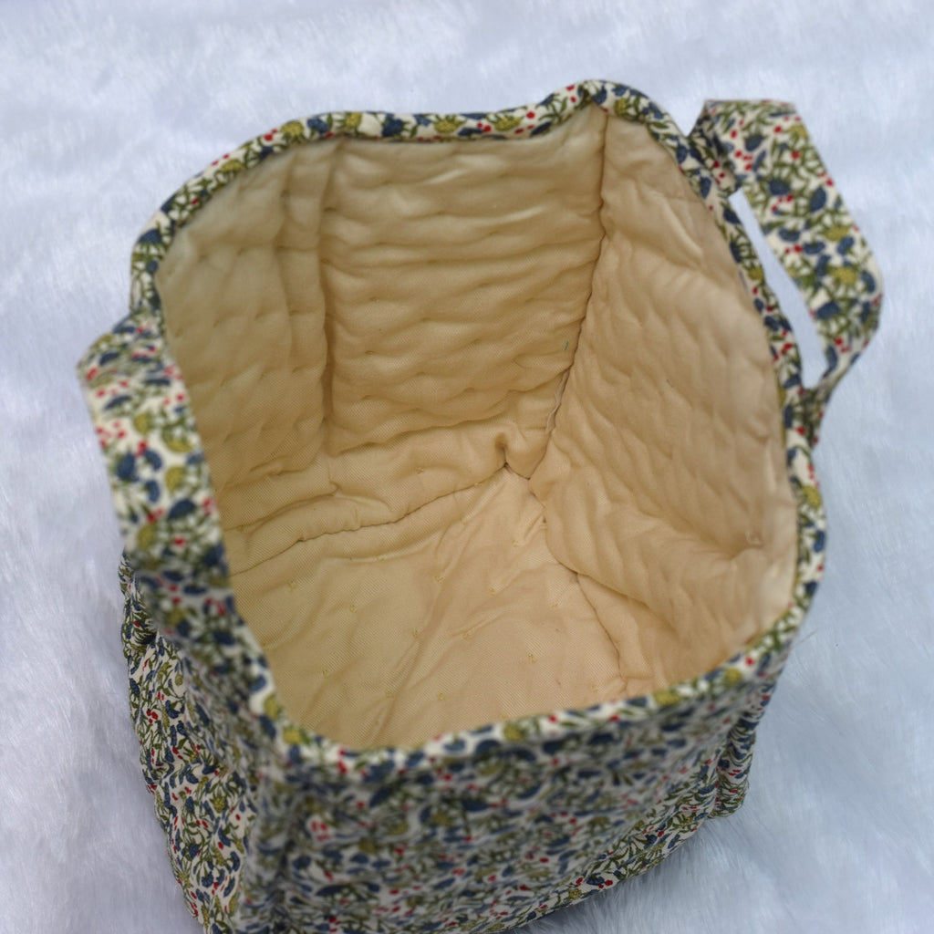 Handmade Quilted Fabric Storage Basket – Floral Print Organizer with Handles