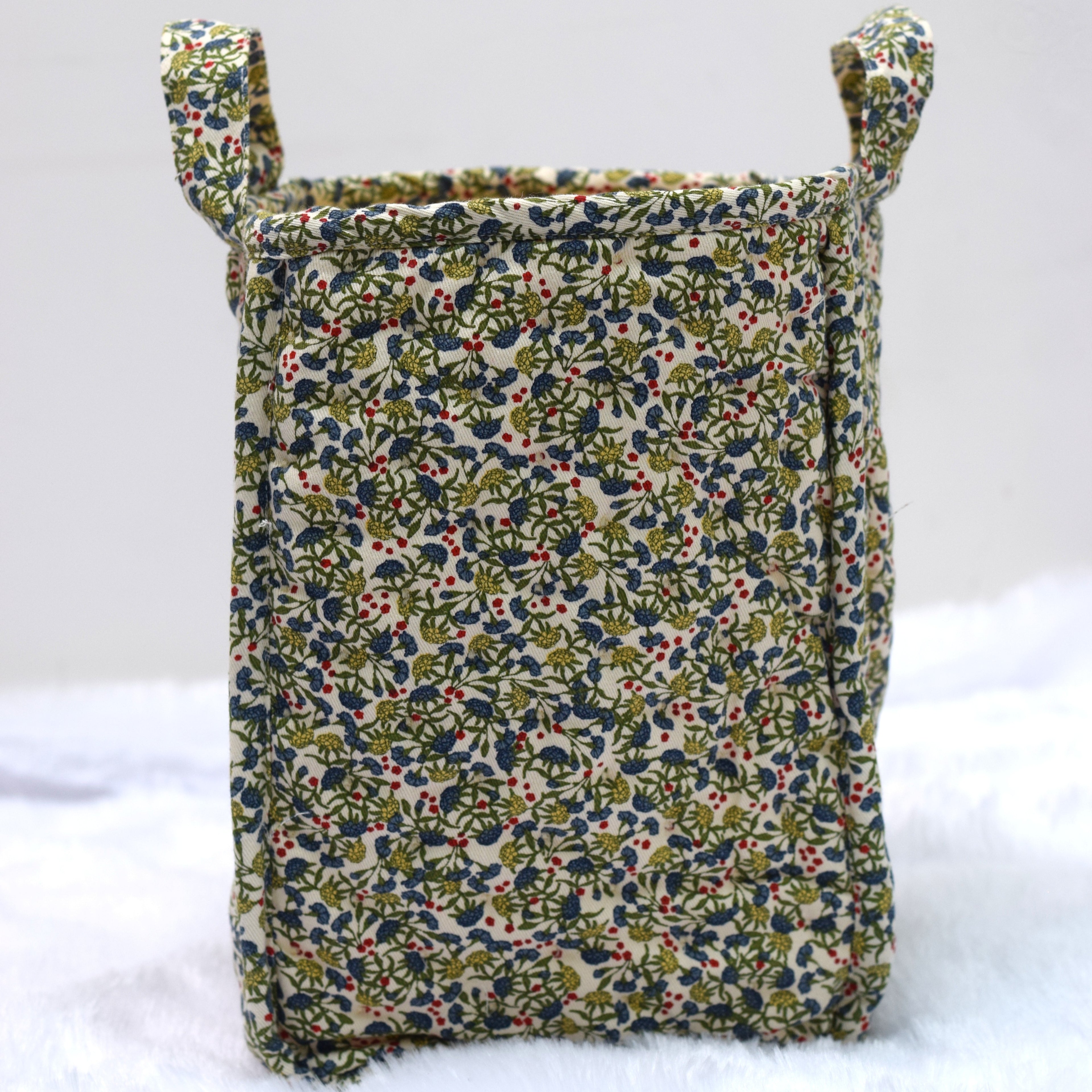 Handmade Quilted Fabric Storage Basket – Floral Print Organizer with Handles