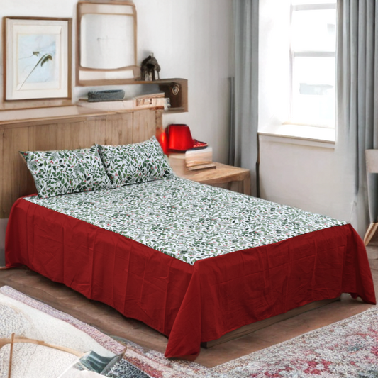 Festive Leaf Print King Size Cotton Bed Sheet Set