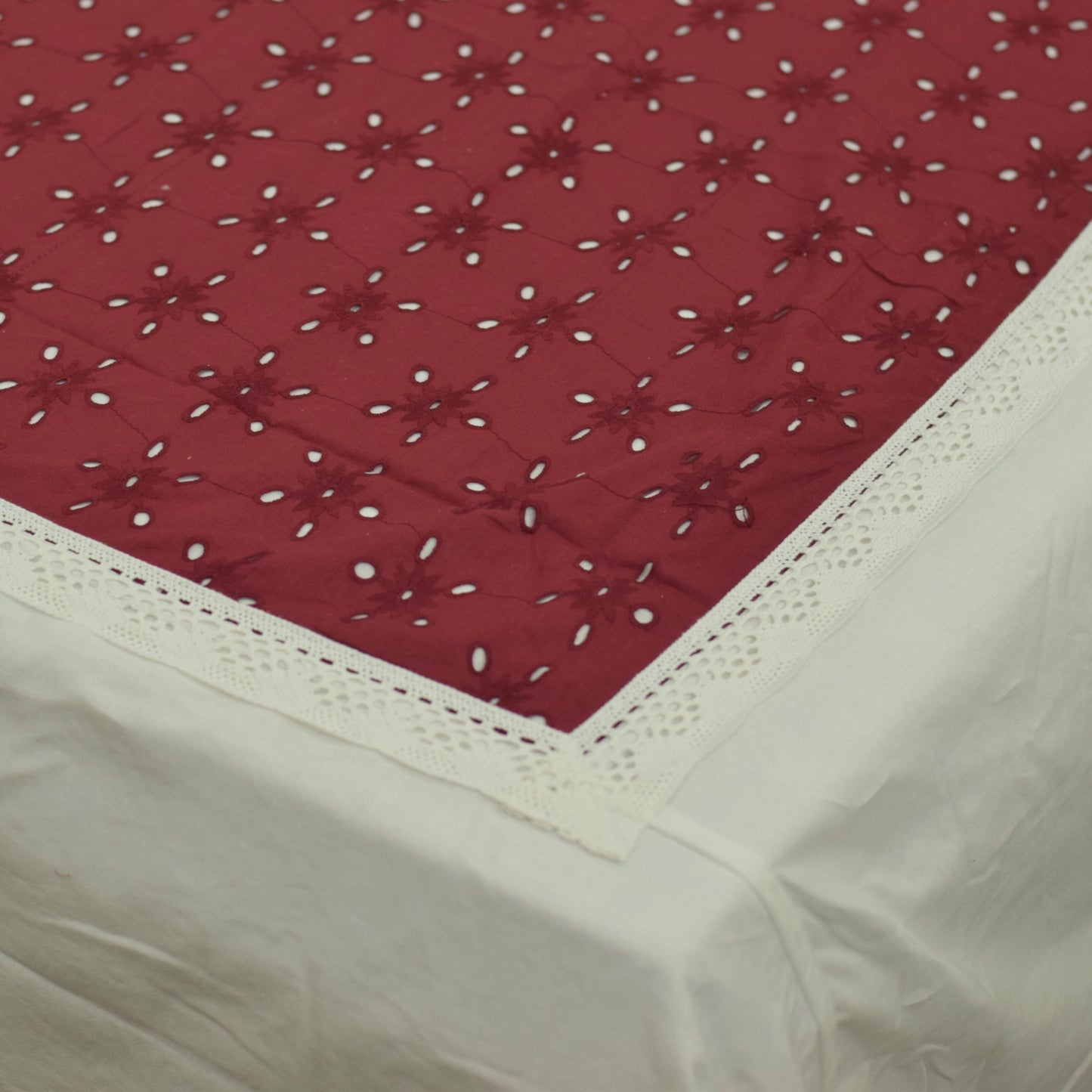 Elegant Maroon & White Cotton King Size Bedsheet Set with Pillow Covers