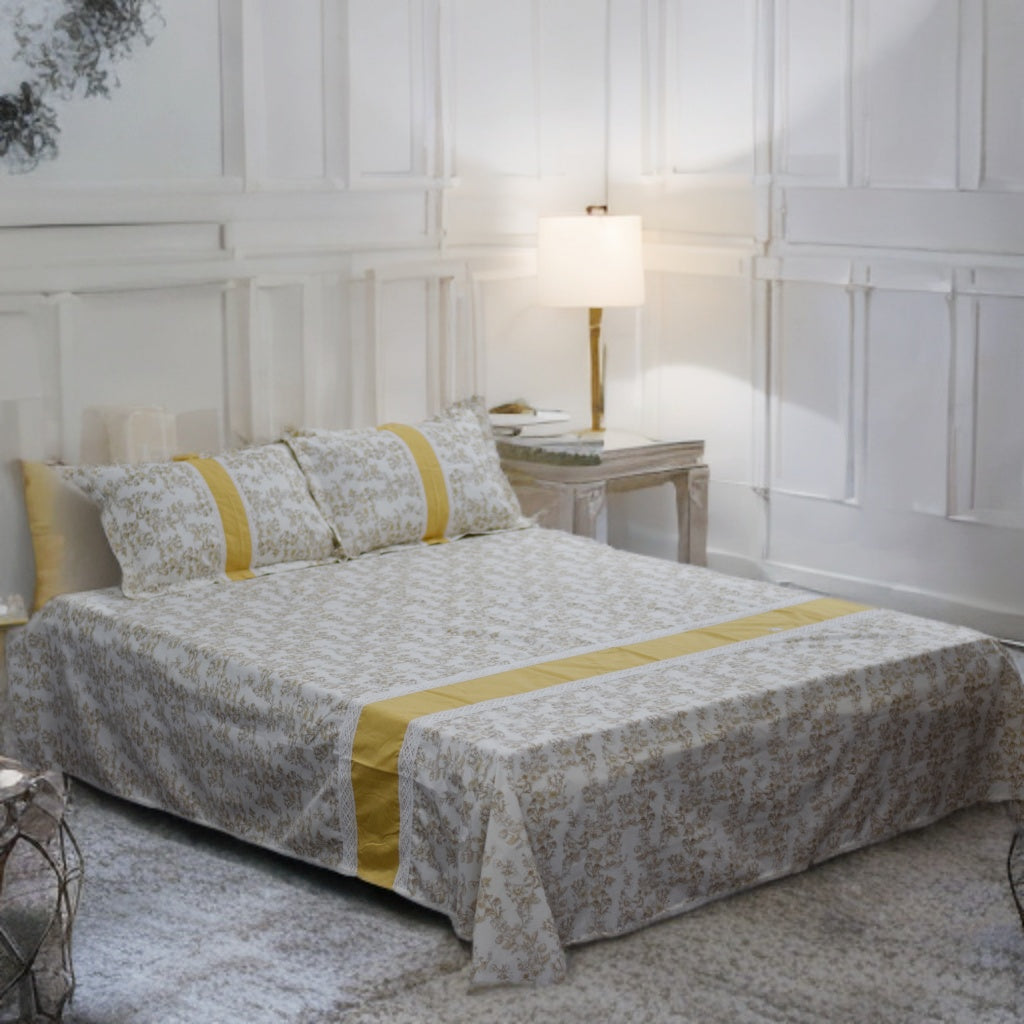 Luxury Queen Size Bed Sheet with Pillow Covers – Mustard & White