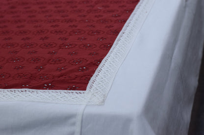 Elegant Brick red & White Cotton King Size Bedspread with Lace Border