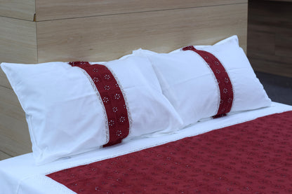 Elegant Brick red & White Cotton King Size Bedspread with Lace Border