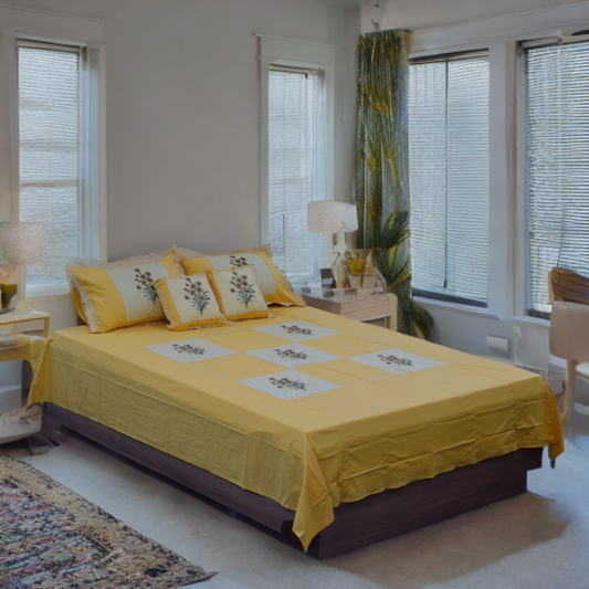 Yellow Floral Embroidered Queen Size Bedsheet Set with 2 Pillow Covers & 2 Cushions