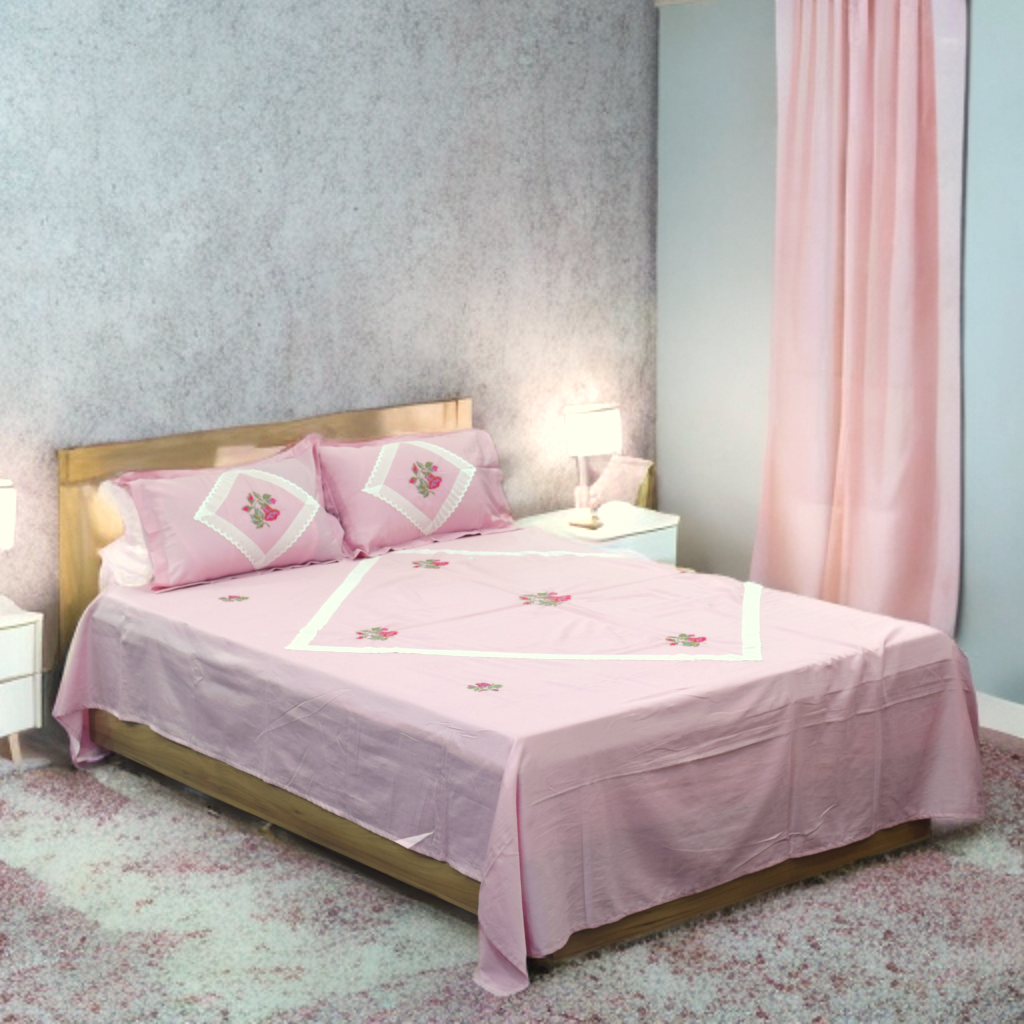 Pink Floral Embroidered King Size Bed Sheet with Lace Border & Pillow Covers