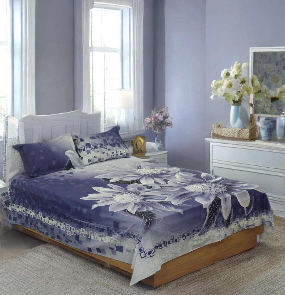 Luxury Queen Size Blue Floral Bedsheet – Soft, Premium & Elegant Design with pillow cover
