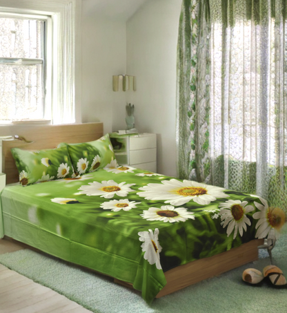 Fresh Green Daisy Floral Queen Bed Sheet & Pillow Cover Set