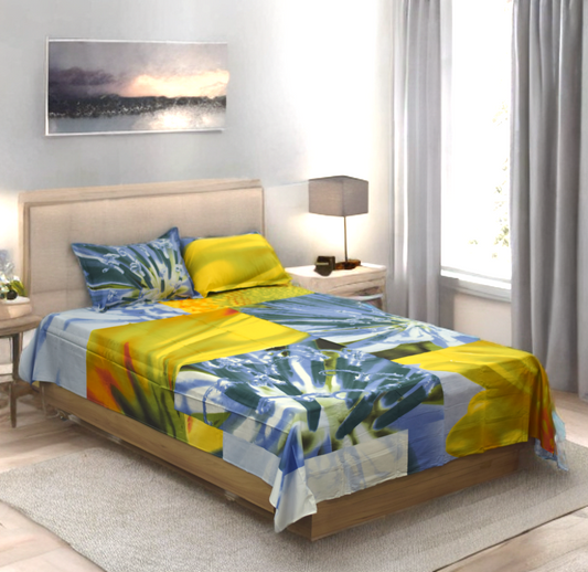 Vibrant Tropical Print Queen Size Bedsheet with 2 Pillow Covers