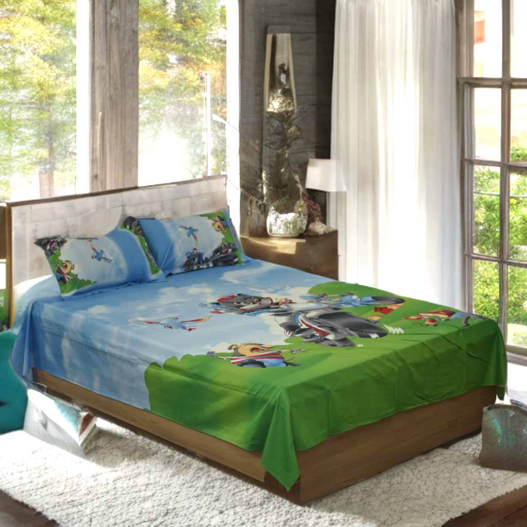 Kids Cartoon Adventure Printed Queen Size Bedsheet with 2 Pillow Covers