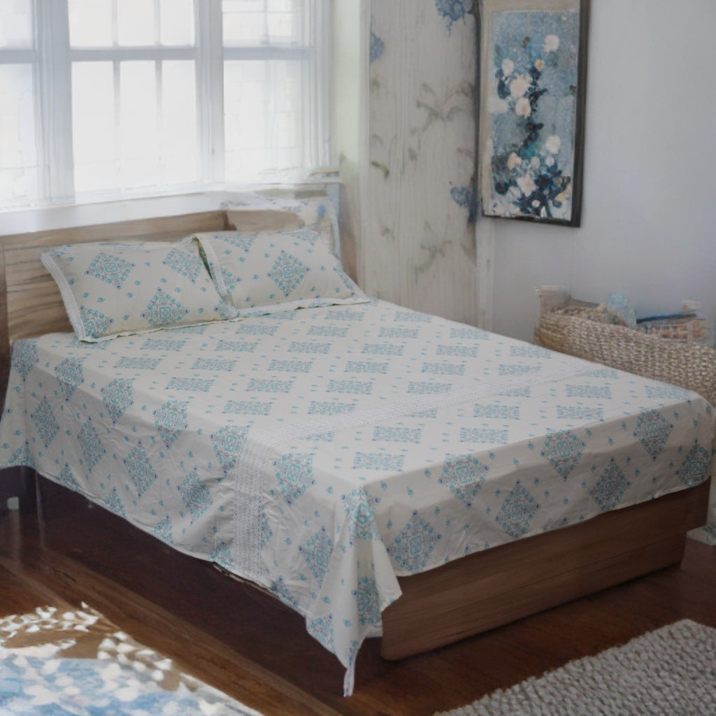 Elegant King Size Cotton Bed Sheet Set with Pillow Covers – Sky Blue Geometric Print