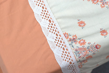 Peach & Cream Floral Printed King Size Bedsheet with Lace Border & Pillow Covers