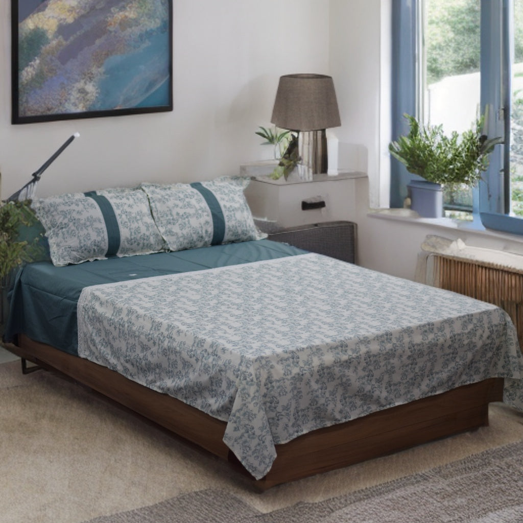 Elegant Floral Queen Size Bedsheet Set with Pillow Covers – Teal & White