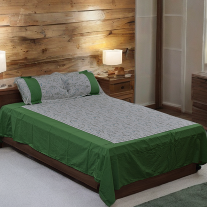 Green Blossom Printed King Size Bedsheet with Crochet Lace – 100% Cotton (With 2 Pillow Covers)