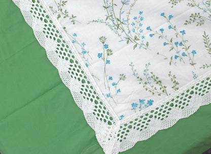 Green Blossom Printed King Size Bedsheet with Crochet Lace – 100% Cotton (With 2 Pillow Covers)